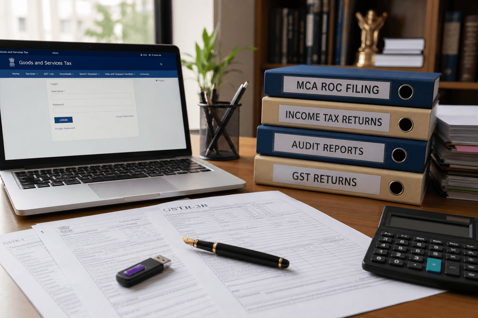 GST return filings, MCA folders and DSC token on a BKS Consultancy advisor desk