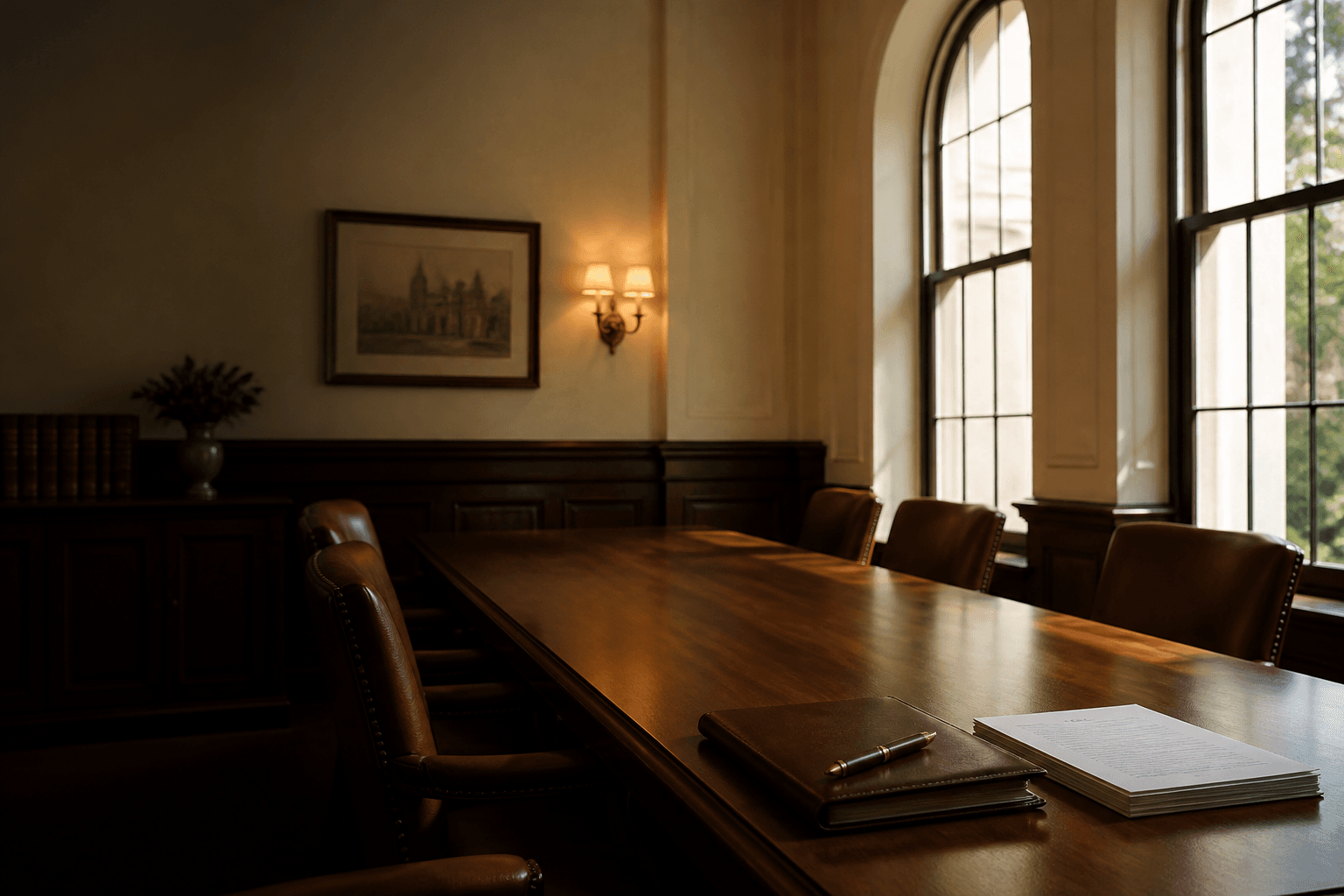 Sunlit advisory suite at BKS Consultancy with a teak conference table and leather chairs