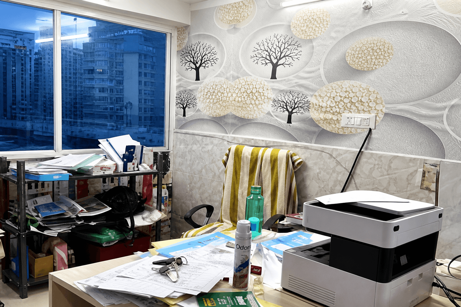 Working desk with filings and printer at BKS.Adv Consultancy office in Sasaram, Bihar